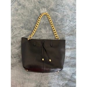 Elegant Black Leather Tote Bag with Gold Chain